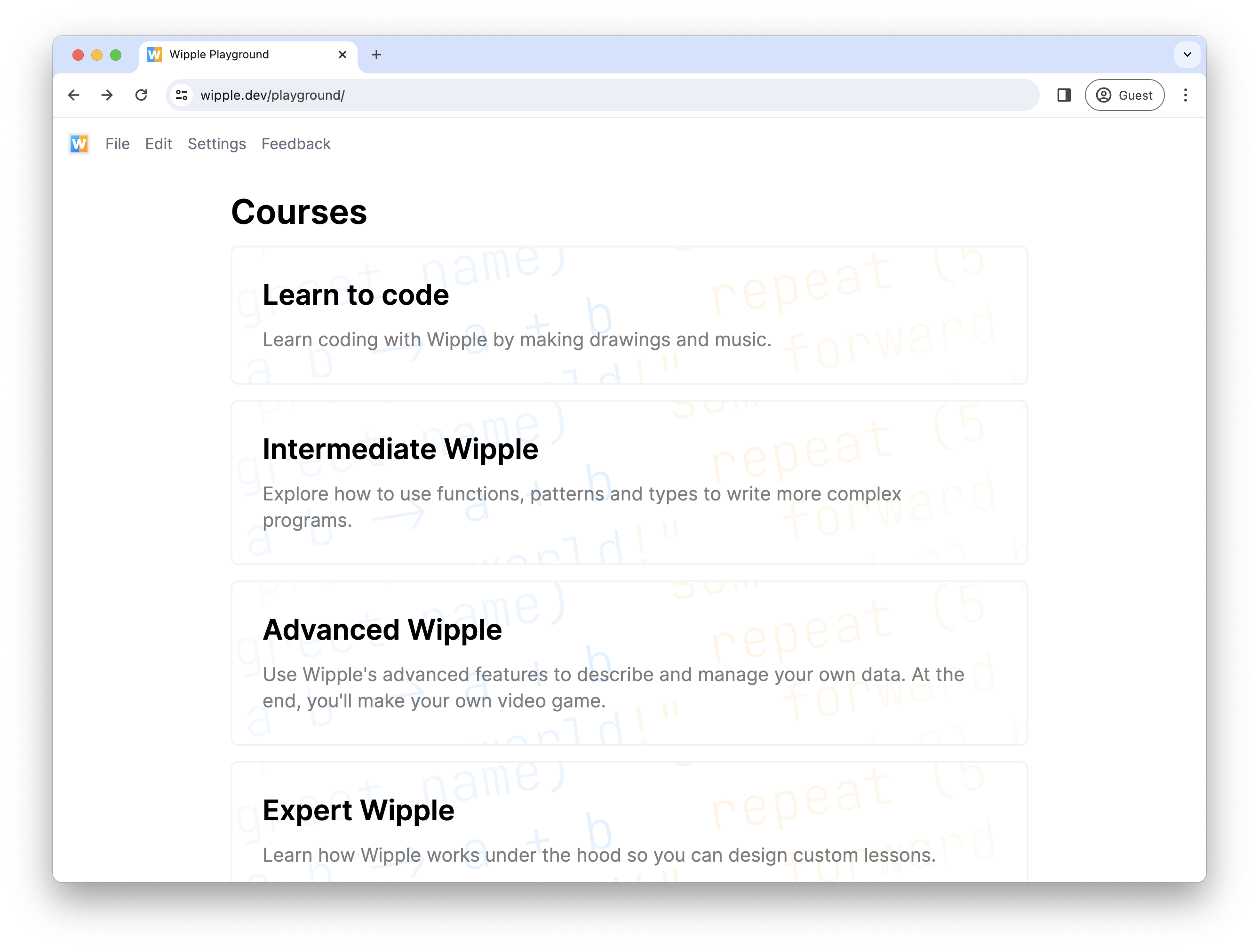 Screenshot showing the new course list in the Wipple Playground